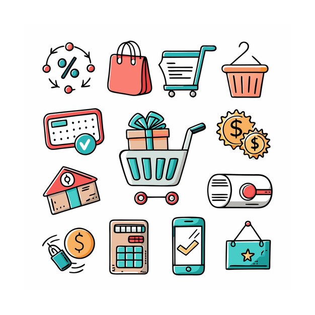 Conjunto de iconos realistas de compras y comercio electrónico
