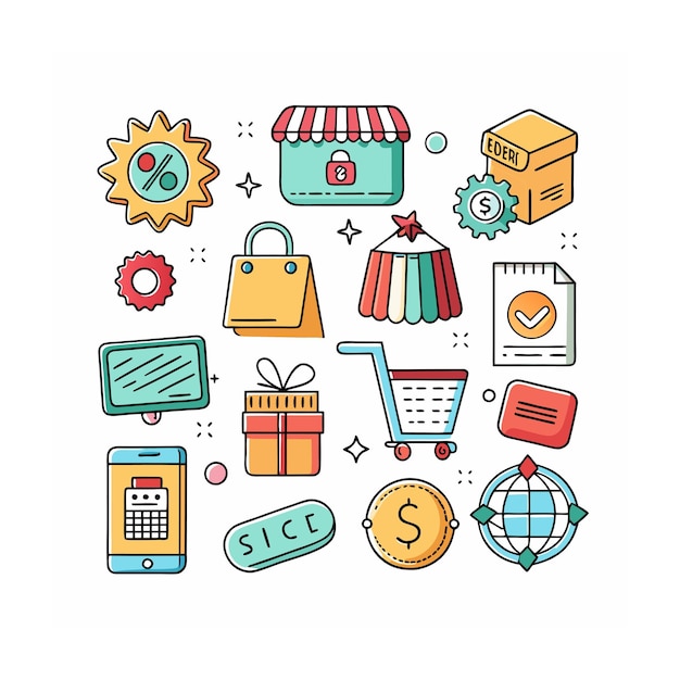Conjunto de iconos realistas de compras y comercio electrónico