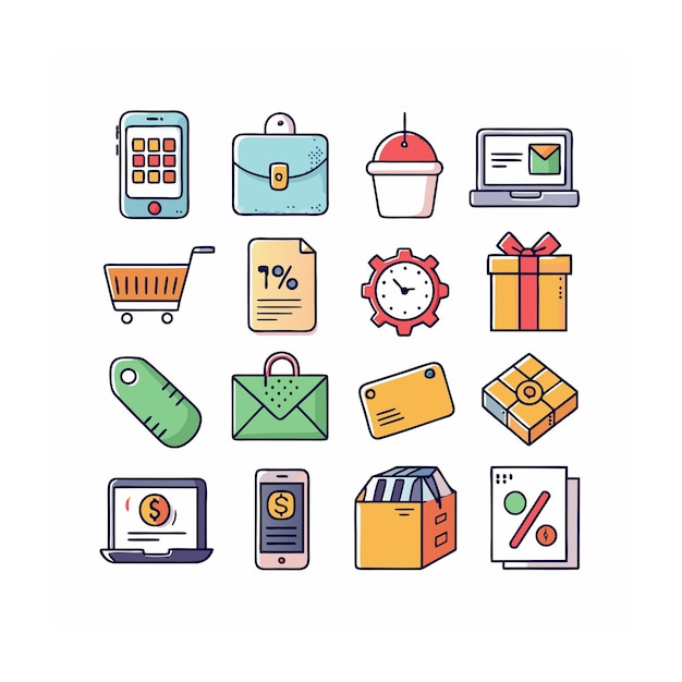 Conjunto de iconos realistas de compras y comercio electrónico