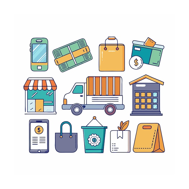 Conjunto de iconos realistas de compras y comercio electrónico