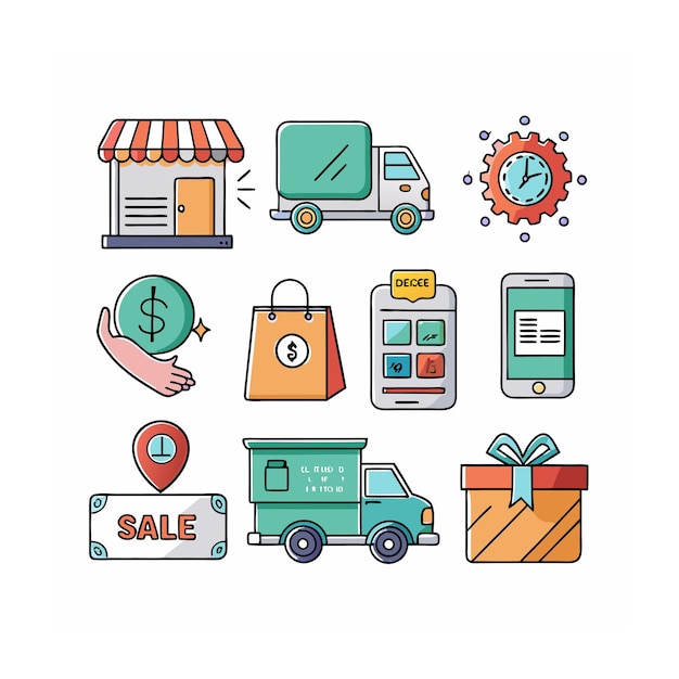 Conjunto de iconos realistas de compras y comercio electrónico
