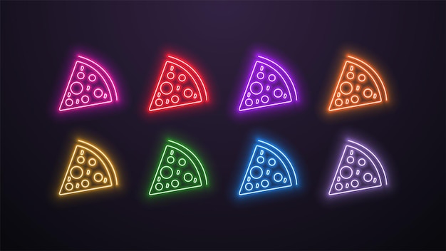 Un conjunto de íconos de rebanadas de pizza de neón en colores azul naranja amarillo verde rojo púrpura rosa y blanco sobre un fondo oscuro