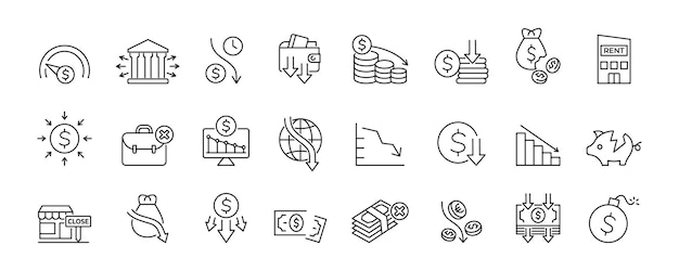 Conjunto de iconos de recesión económica Crisis financiera Colapso económico Vector de inflación