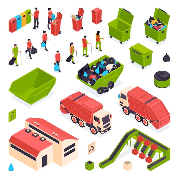 Conjunto de iconos de reciclaje de basura isométrica con bolsas de basura contenedores de recolectores de basura y máquinas ilustración vectorial