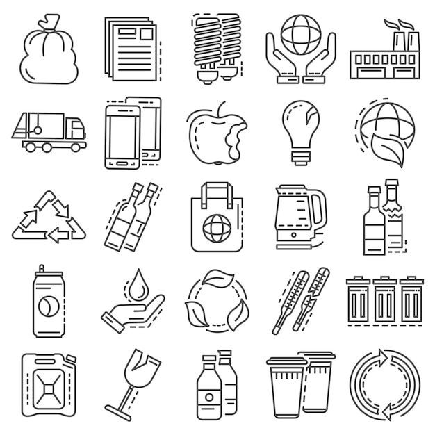 Conjunto de iconos de reciclaje. Esquema conjunto de iconos de vectores de reciclaje