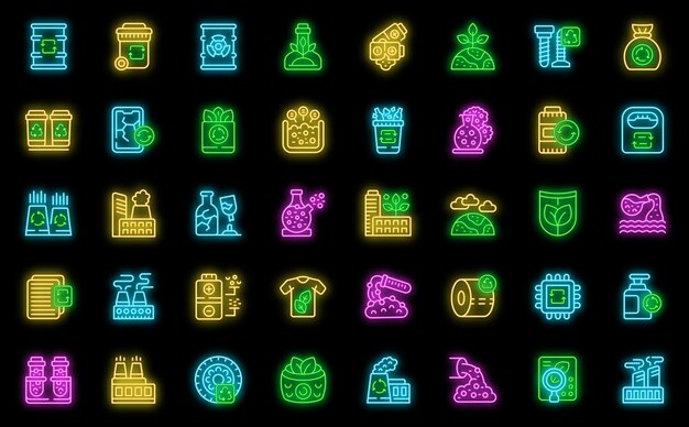 Conjunto de iconos de reciclaje químico neón vectorial