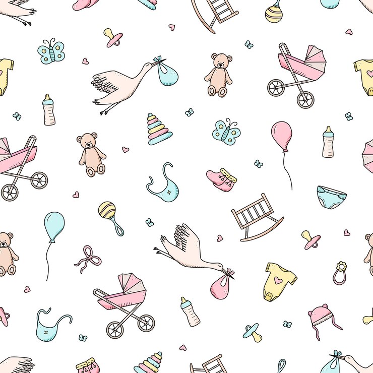 Conjunto de iconos de recién nacido de patrones sin fisuras Ilustración vectorial de elementos para un pequeño cochecito de bebé sonajeros de trabajo y oso de peluche y mucho más