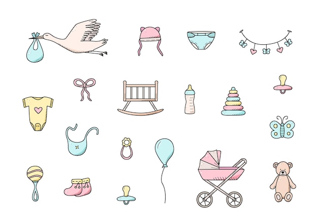 Conjunto de iconos para recién nacidos Ilustración vectorial de elementos para un pequeño cochecito de bebé sonajeros de trabajo y oso de peluche y mucho más