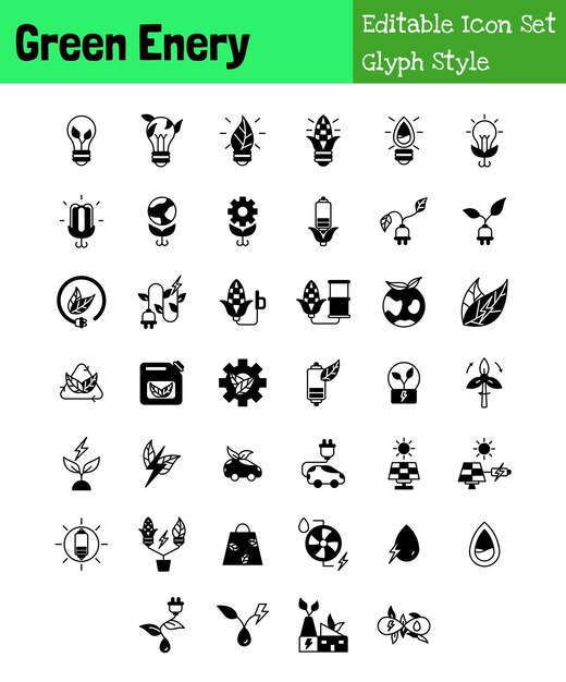 Conjunto de iconos de recolección de energía verde estilo glifo