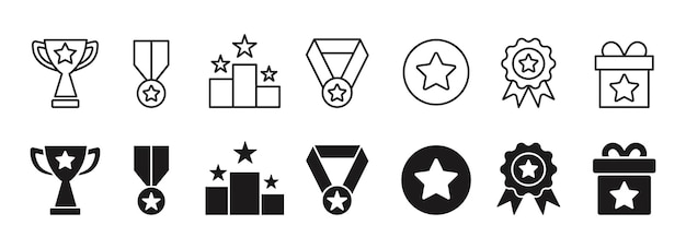 Conjunto de iconos de recompensa Iconos de trofeos de línea y silueta Vector
