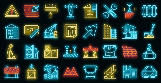 Conjunto de iconos de reconstrucción de edificios. Esquema conjunto de iconos de vector de reconstrucción de edificios de color neón en negro