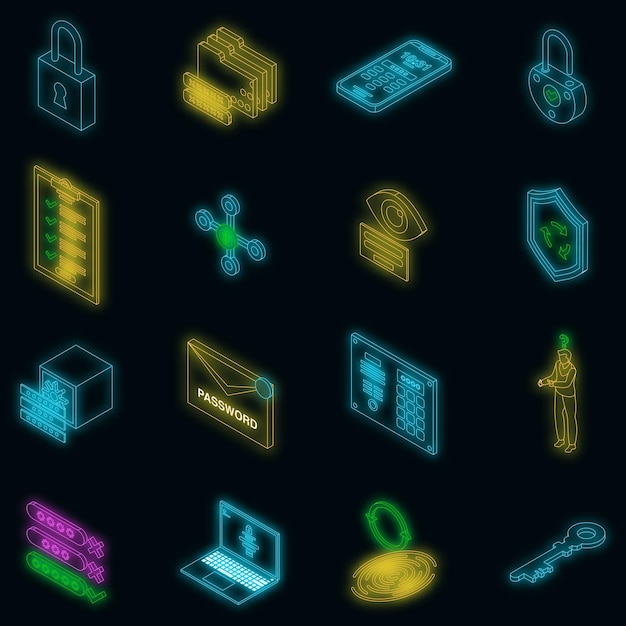 Conjunto de iconos de recuperación de contraseña neón vectorial