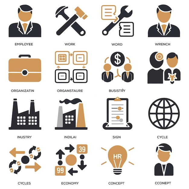 Conjunto de iconos de recursos humanos que contiene la estructura de organización del trabajo de los empleados en el negocio