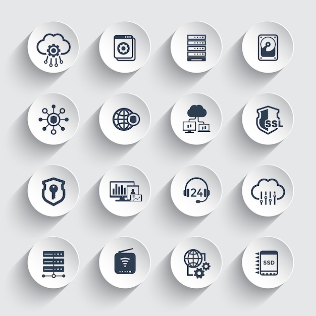 Conjunto de iconos de red y almacenamiento de datos de servidores de alojamiento