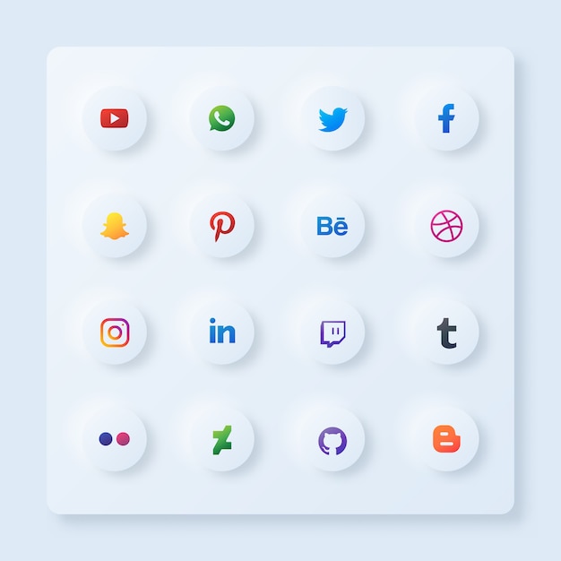 Conjunto de iconos de redes sociales circulares con estilo neumorfismo