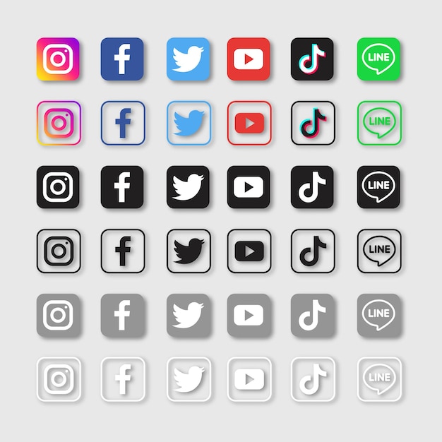 Vector conjunto de iconos de redes sociales. facebook, twitter, instagram, youtube, linkedin, wechat, google plus, pinterest, snapchat aislado.