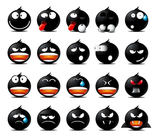 Conjunto de iconos redondeados negros en diferentes emociones y estados de ánimo