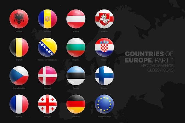 Conjunto de iconos redondos brillantes de banderas de países europeos aislado en negro