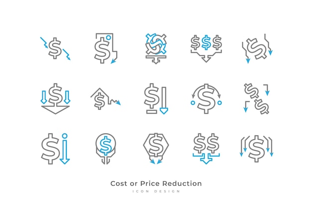 Conjunto de iconos de reducción de costos o precios con estilo de línea simple Ilustración comercial y financiera Símbolo de disminución de finanzas reducidas