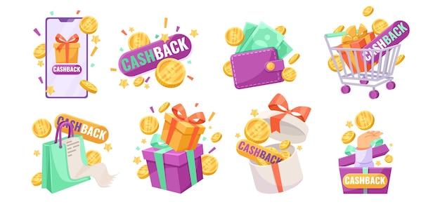 Conjunto de iconos de reembolso en un fondo blanco Un conjunto de imágenes de carros de compras y monedas Ilustración vectorial