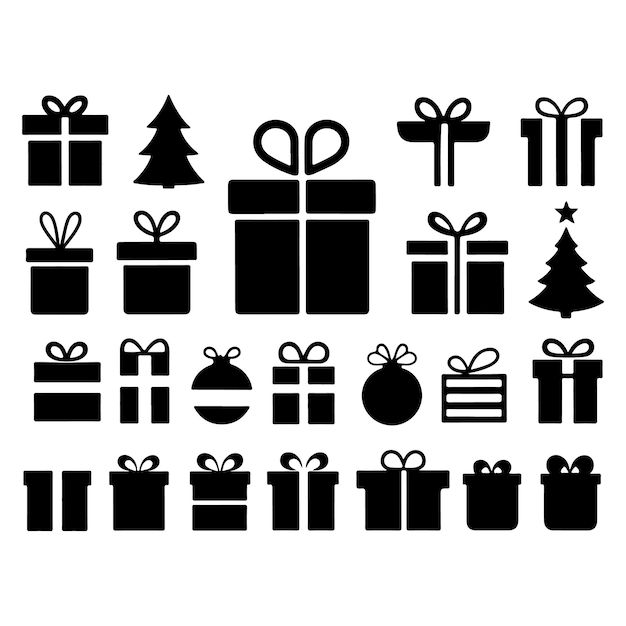 Conjunto de íconos de regalos negros para fiestas y eventos sobre fondo blanco