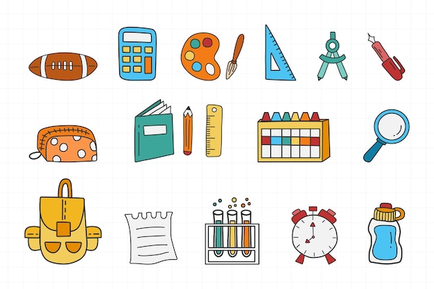 Conjunto de iconos de regreso a la escuela aislados en el fondo de la cuadrícula blanca Vector de los muchos iconos sobre el tema del equipo educativo y la escuela