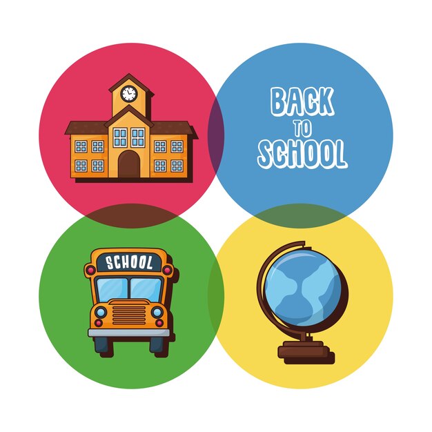 Conjunto de iconos de regreso a la escuela sobre círculos de colores y fondo blanco