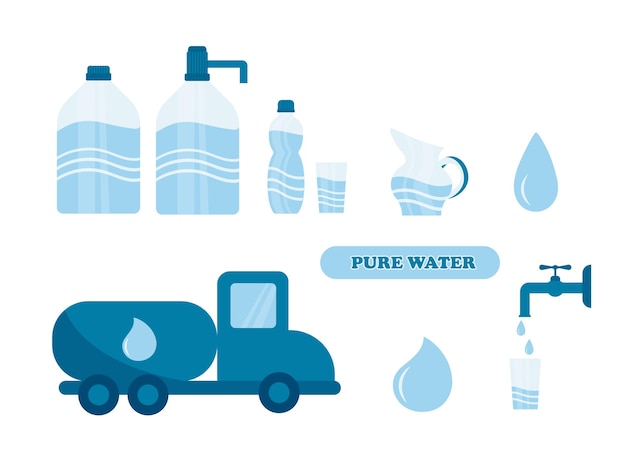 Conjunto de iconos relacionados con el agua Agua potable embotellada Ilustración vectorial