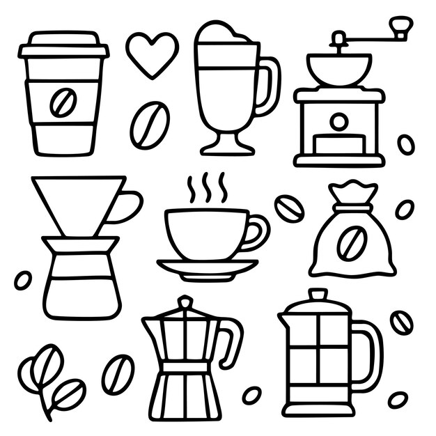 Conjunto de iconos relacionados con el café, incluidos fabricantes de tazas, frijoles y tazas en estilo de contorno