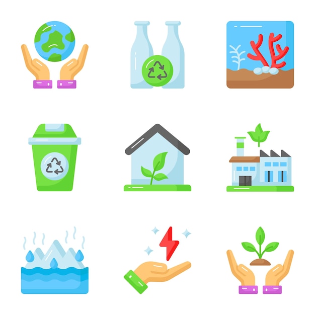 Conjunto de iconos relacionados con el Día Mundial de la Madre Tierra, como salvar el mundo, reciclar coral, contenedor de basura y casa ecológica