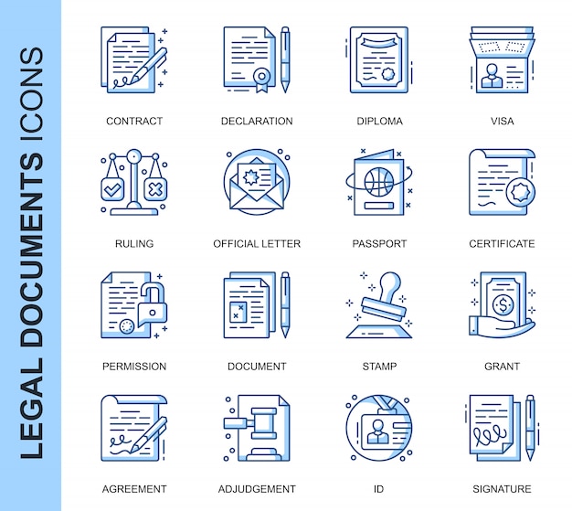 Conjunto de iconos relacionados con documentos legales de línea delgada