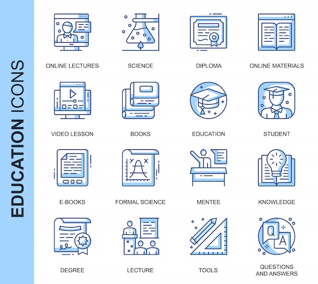 Conjunto de iconos relacionados con educación delgada línea