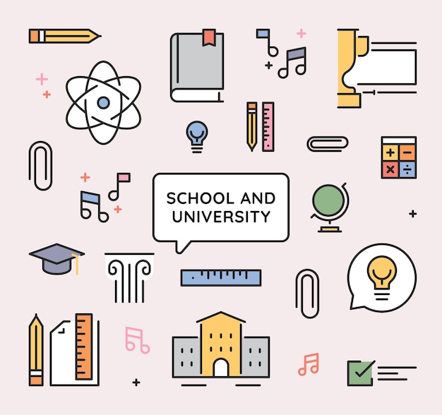 Conjunto de iconos relacionados con la escuela y la universidad estudian aprendizaje conocimiento química globo aula