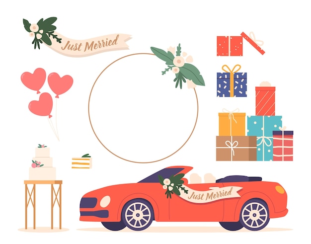 Conjunto de iconos relacionados con el evento de bodas pastel festivo recién casado coche corazón globos regalos y cajas de regalos elegante marco redondo aislado en fondo blanco dibujos animados elementos de ilustración vectorial