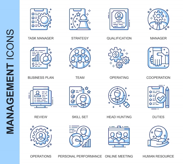 Conjunto de iconos relacionados con la gestión de personas de línea delgada