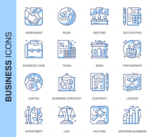 Conjunto de iconos relacionados con negocios de línea delgada