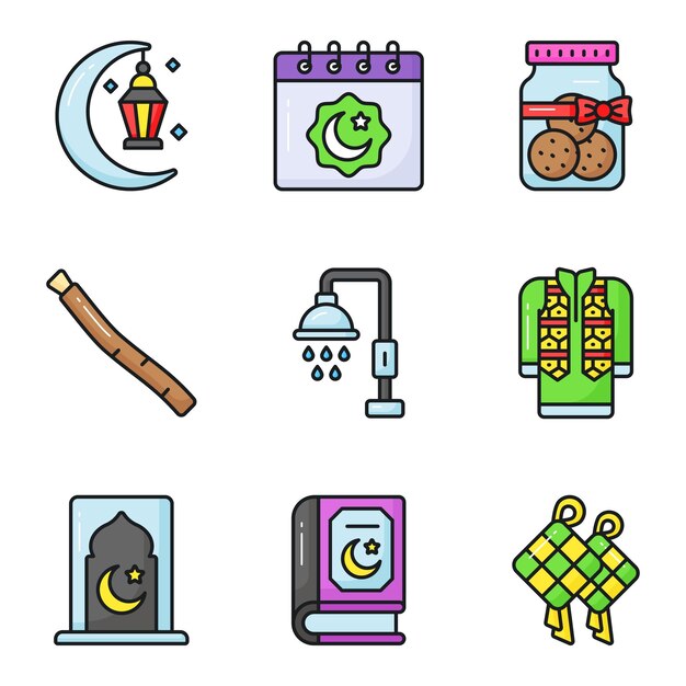 Un conjunto de iconos relacionados con el Ramadán y Eid al fitr cuidadosamente elaborados Vector de estilo moderno