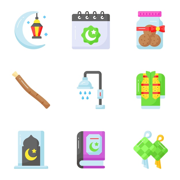 Un conjunto de iconos relacionados con el Ramadán y Eid al fitr cuidadosamente elaborados Vector de estilo moderno