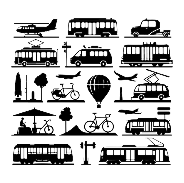 Conjunto de iconos relacionados con el transporte público Vector de silueta de símbolo gráfico plano mínimo de transporte