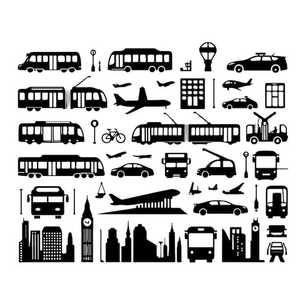 Conjunto de iconos relacionados con el transporte público Vector de silueta de símbolo gráfico plano mínimo de transporte