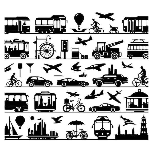 Conjunto de iconos relacionados con el transporte público Vector de silueta de símbolo gráfico plano mínimo de transporte