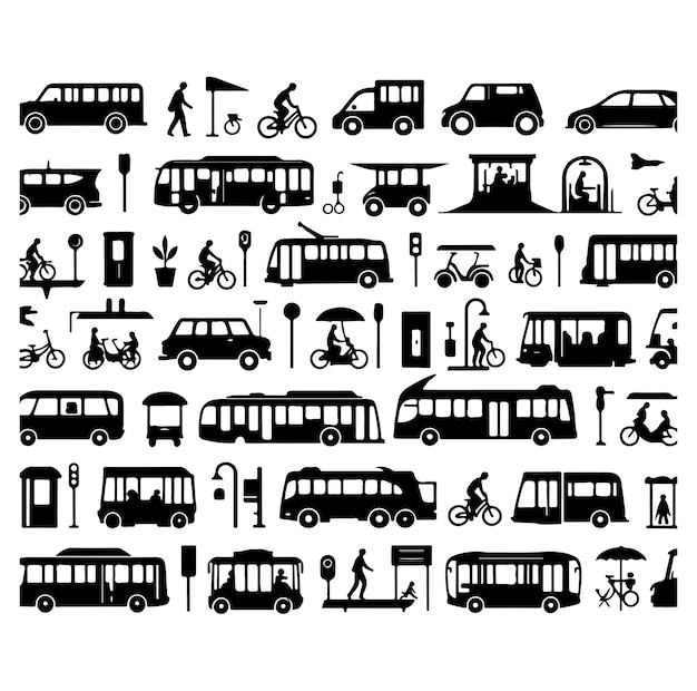 Conjunto de iconos relacionados con el transporte público Vector de silueta de símbolo gráfico plano mínimo de transporte