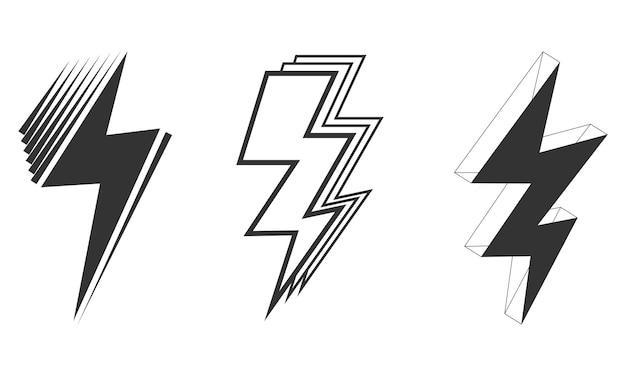 Conjunto de iconos de relámpagos eléctricos, truenos y truenos en estilo doodle aislados en una ilustración vectorial de fondo blanco