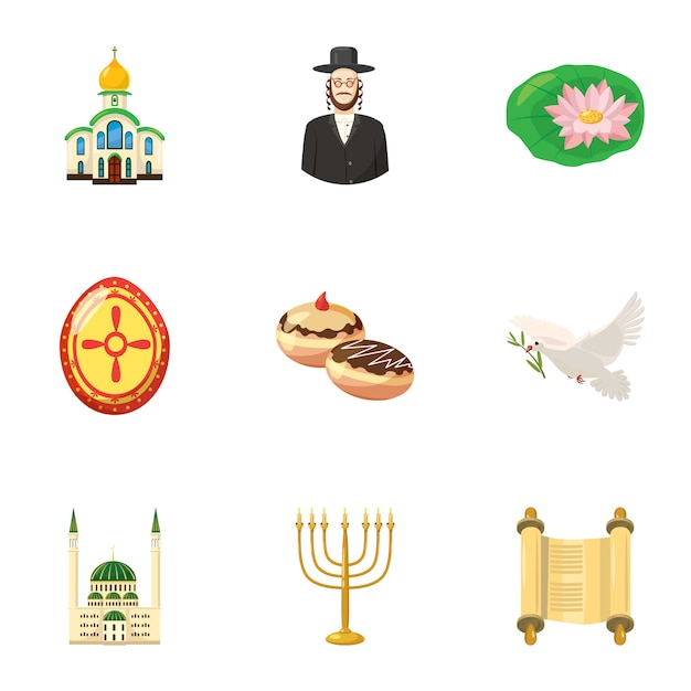 Conjunto de iconos de religión, estilo de dibujos animados