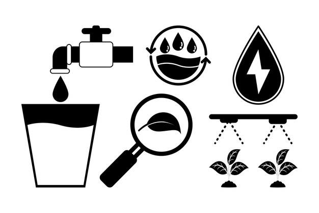 Conjunto de iconos de relleno sólido simple de la planta de agua del suelo