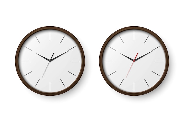 Conjunto de iconos de reloj de oficina de pared marrón oscuro de madera realista vectorial 3d plantilla de diseño de primer plano de reloj de pared aislado en maqueta blanca para marca y publicidad vista frontal