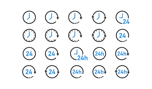 Conjunto de iconos de reloj Todo el tiempo 24 horas y símbolo de signo de flecha Vector