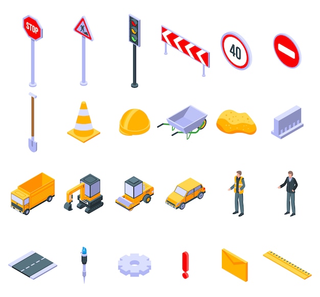 Vector conjunto de iconos de reparación de carreteras, estilo isométrico