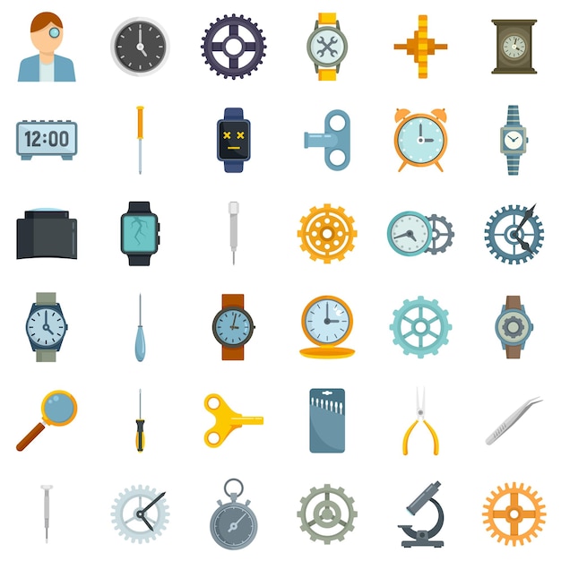 Conjunto de iconos de reparación de relojes. conjunto plano de iconos de vector de reparación de reloj aislado sobre fondo blanco