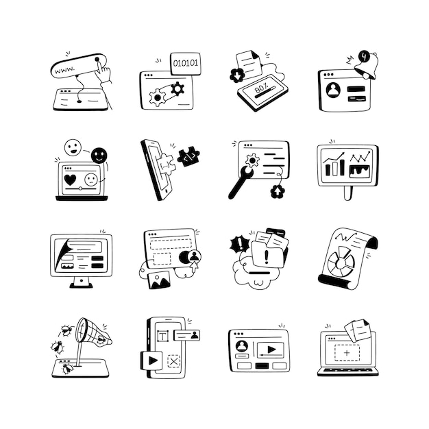 El conjunto de iconos representa una variedad de herramientas digitales, incluidos sitios web, aplicaciones móviles y visualización de datos.